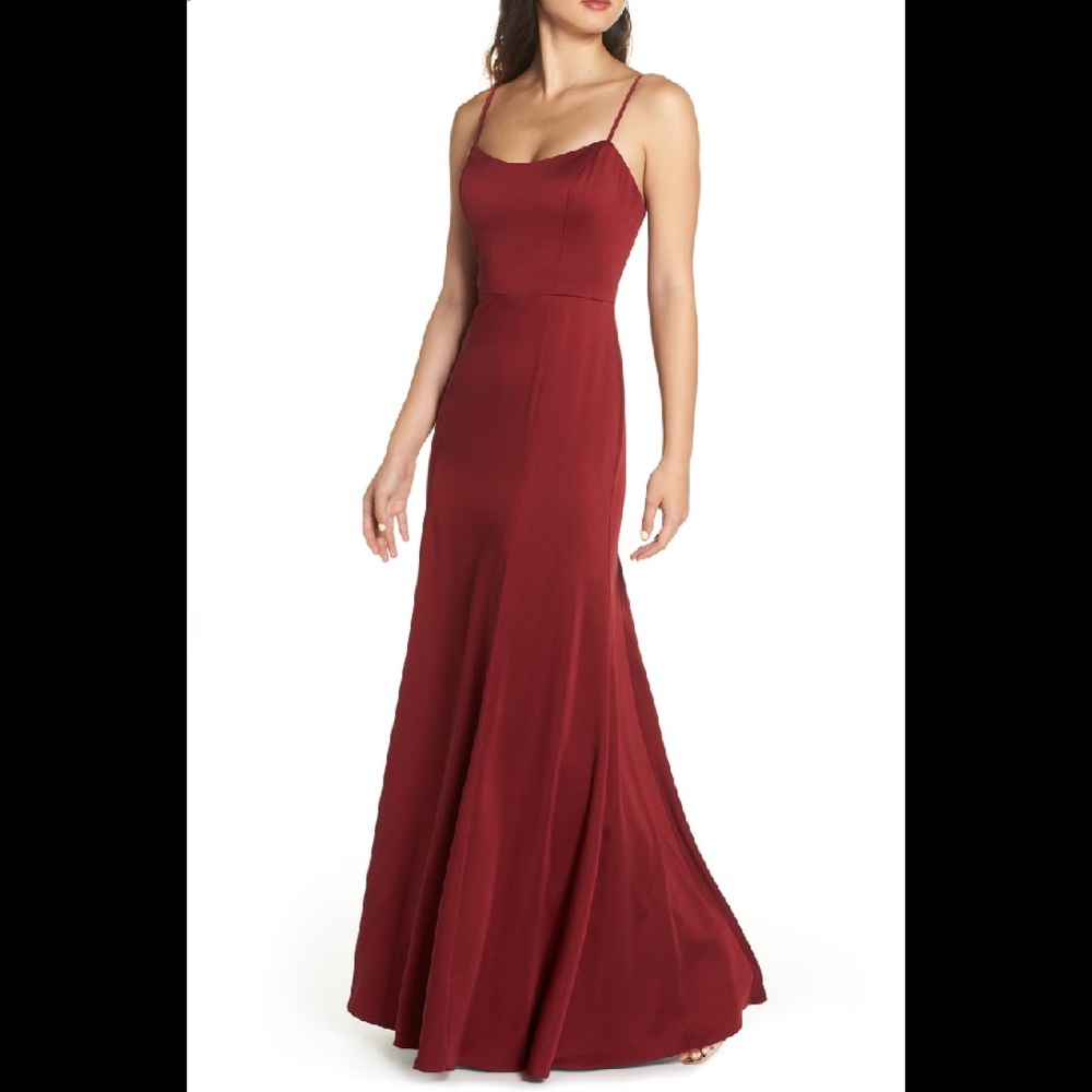 Jenny Yoo Aniston cranberry luxe crepe gown